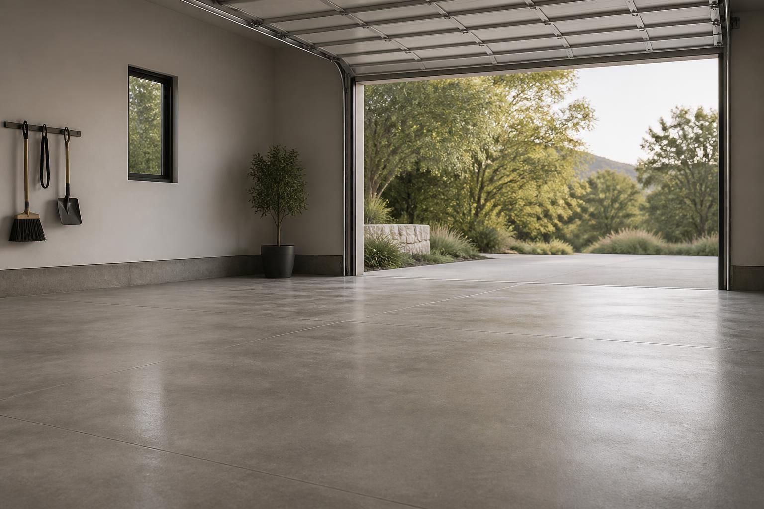 Clean polished garage floor with open space for website text.
