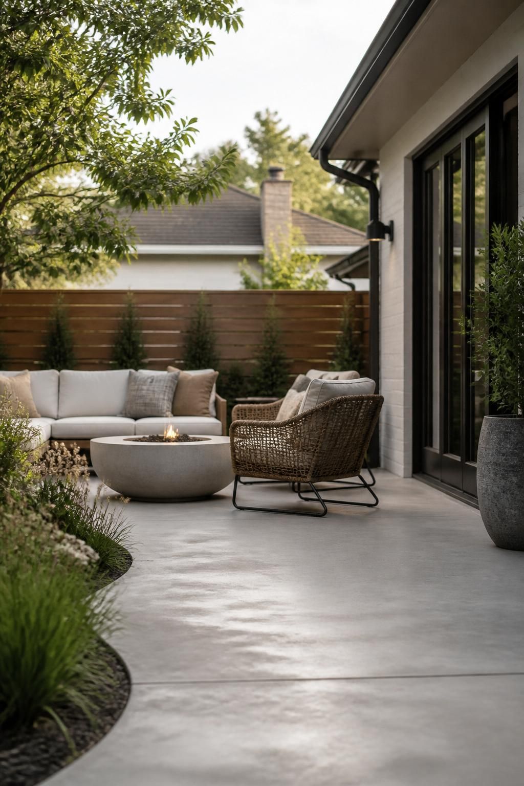Modern patio with a smooth newly resurfaced concrete finish.