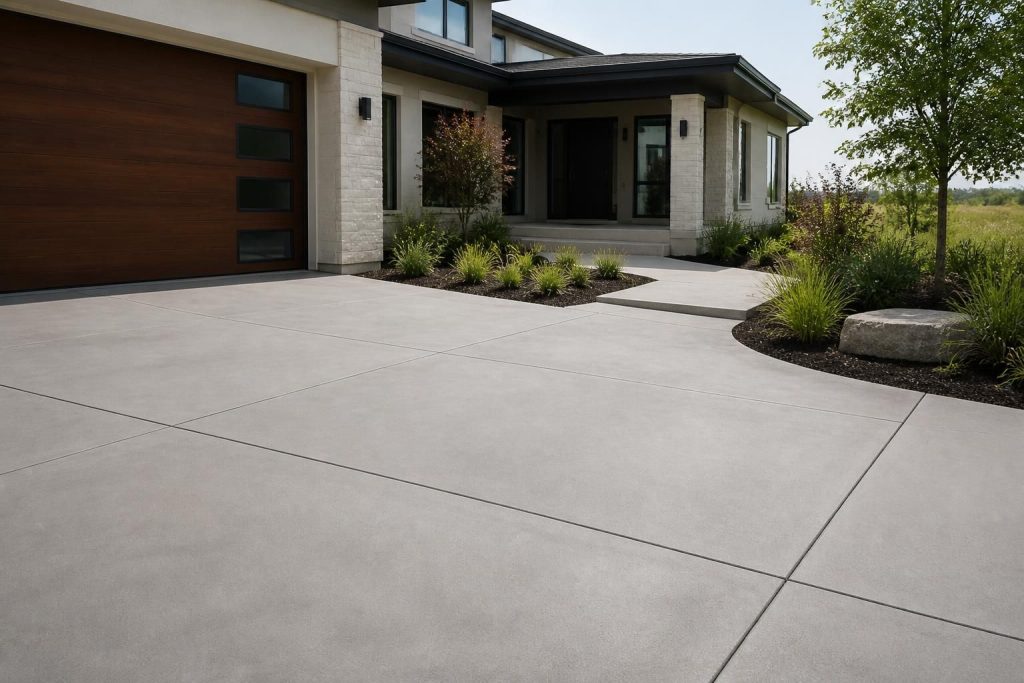 Freshly resurfaced driveway leading to a modern home exterior.